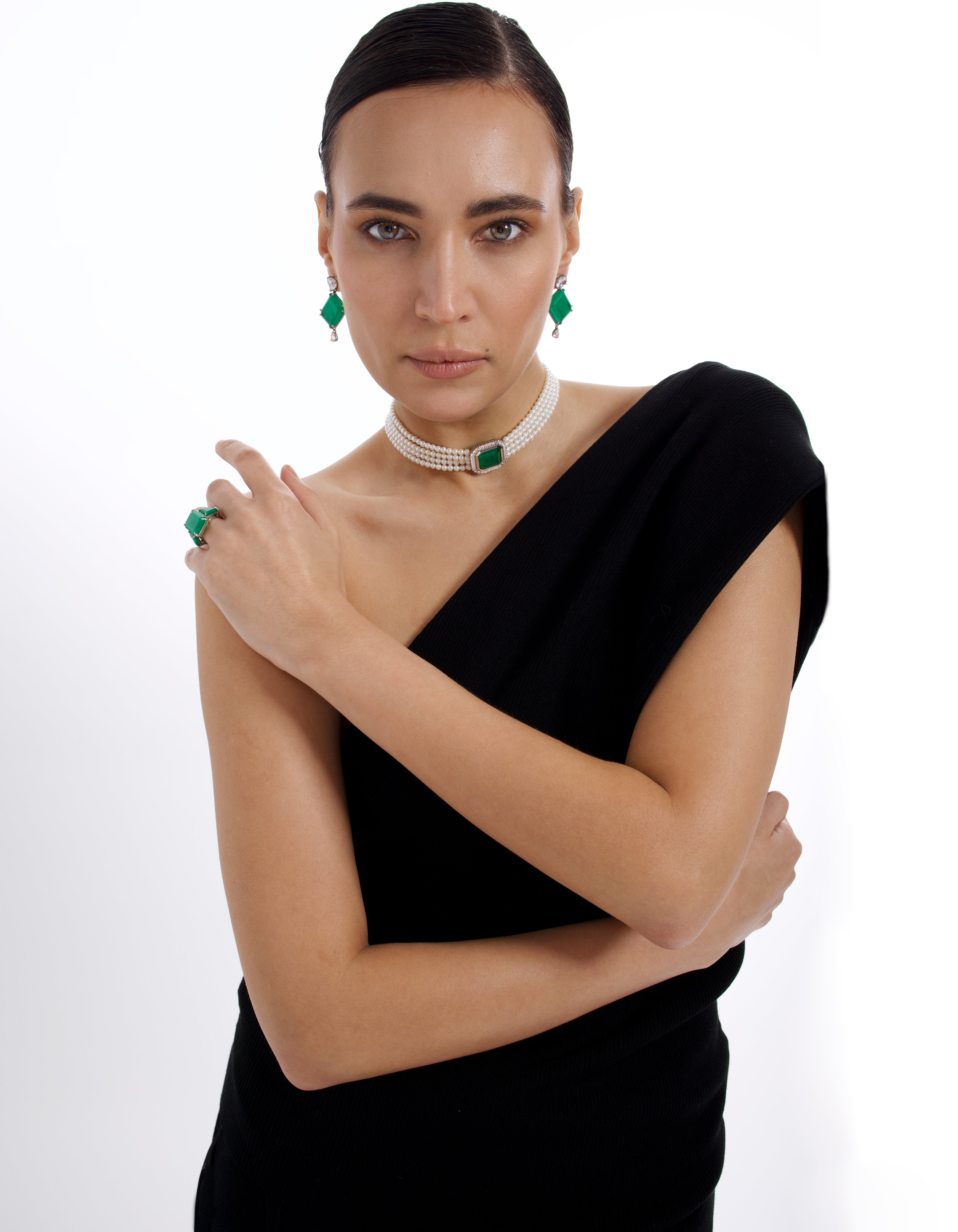 Silver Choker Necklace with Emerald Quartz and Cubic Zirconia