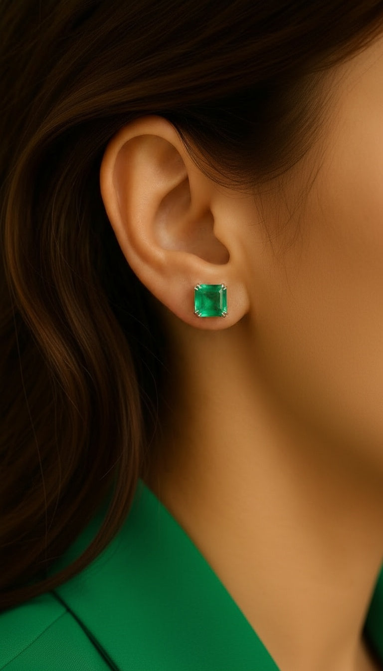 Dark Emerald Quartz Silver Stud Earrings