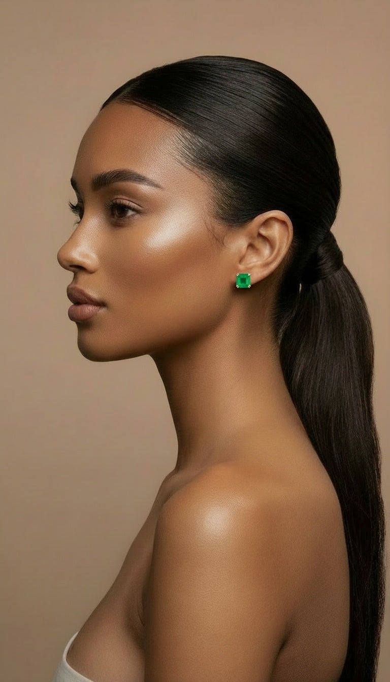 Dark Emerald Quartz Silver Stud Earrings