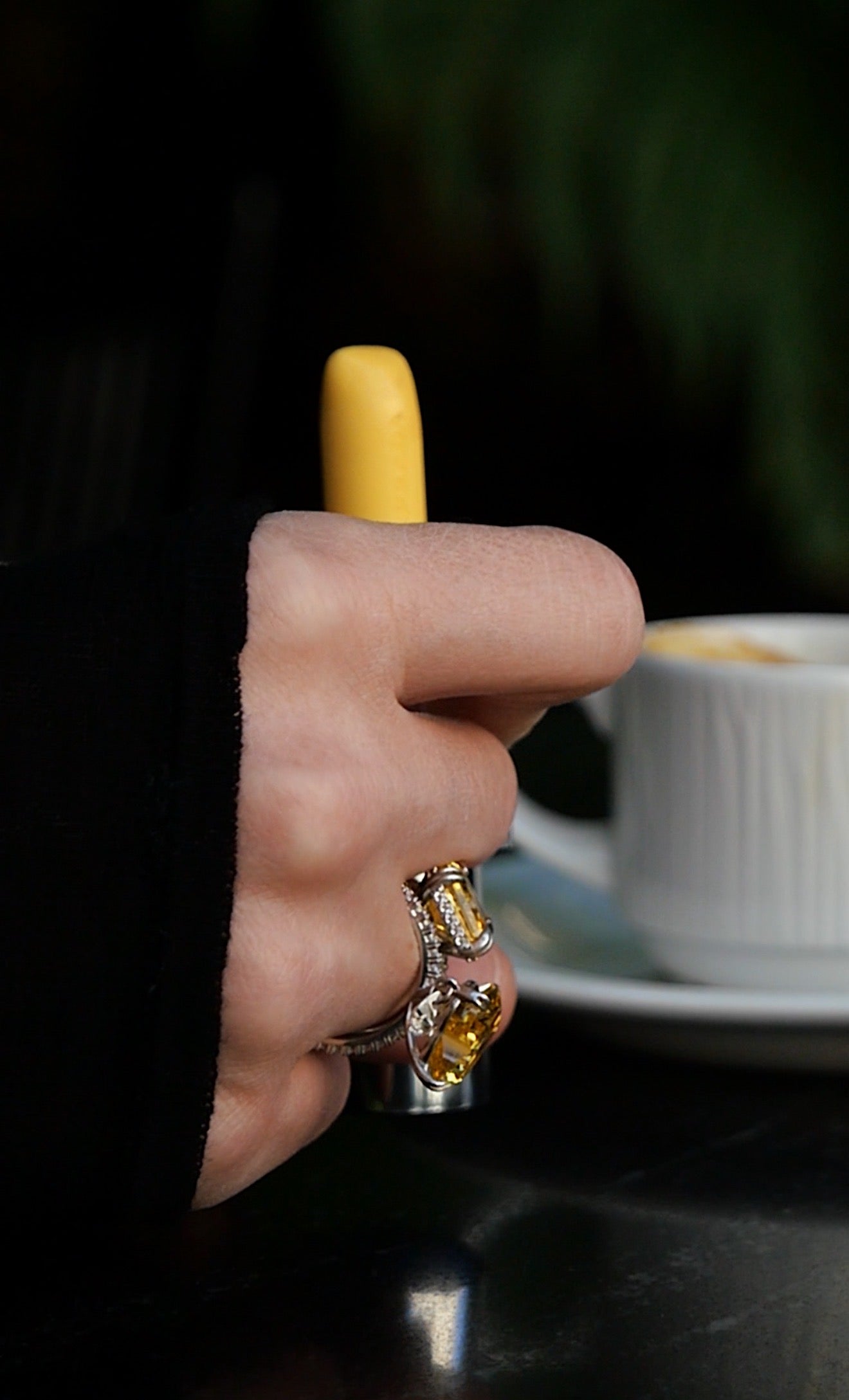 Silver Ring with Heart-Cut Fancy Vivid Yellow Fabulite and Drop Pendant