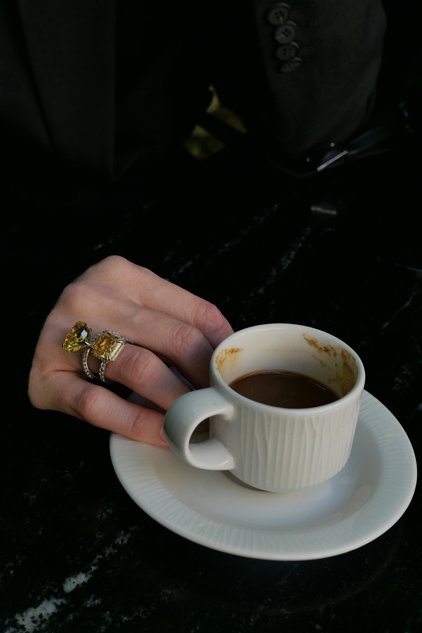 Silver Ring with Heart-Cut Fancy Vivid Yellow Fabulite and Drop Pendant