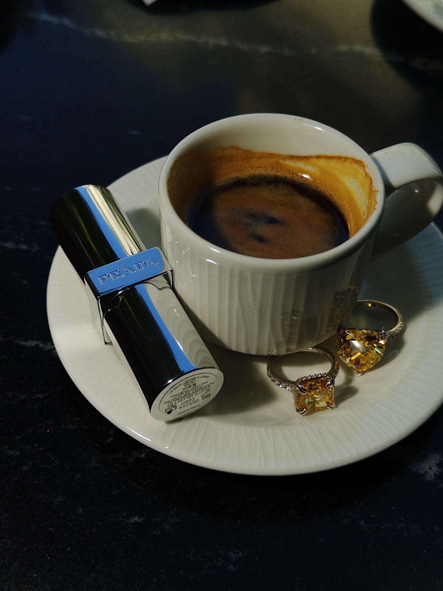 Silver Ring with Heart-Cut Fancy Vivid Yellow Fabulite and Drop Pendant