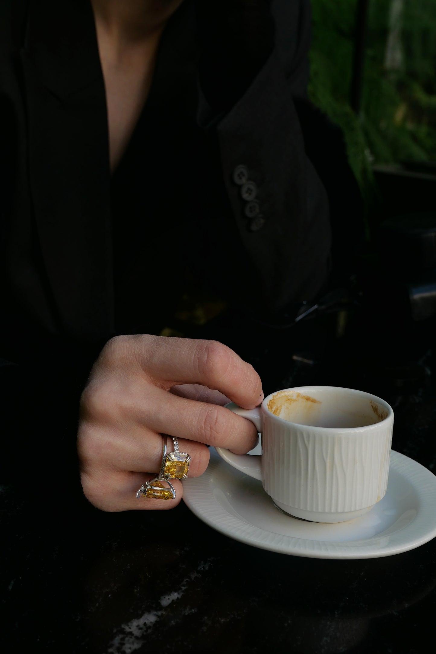 Silver Ring with Heart-Cut Fancy Vivid Yellow Fabulite and Drop Pendant