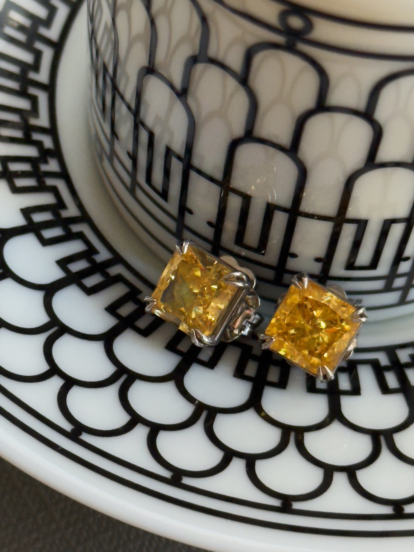 Fancy Yellow Princess-Cut Fabulite Silver Stud Earrings