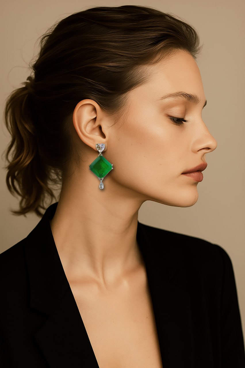 Dark Green Emerald Quartz Silver Earrings with Cubic Zirconia Accents