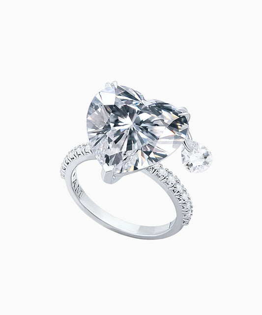 Heart-Cut Clear Fabulite Silver Ring with Drop Accent