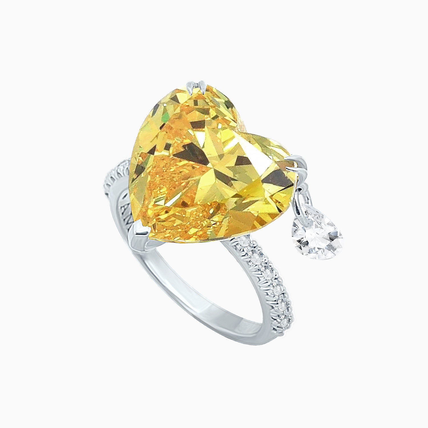 Silver Ring with Heart-Cut Fancy Vivid Yellow Fabulite and Drop Pendant