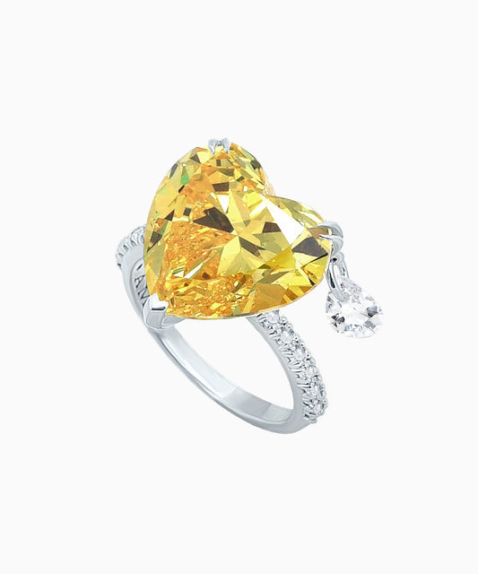 Silver Ring with Heart-Cut Fancy Vivid Yellow Fabulite and Drop Pendant