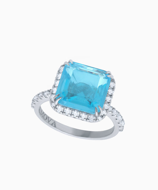 Aquamarine Quartz Silver Ring with Cubic Zirconia Accents