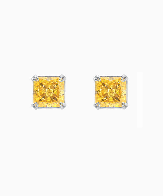 Fancy Yellow Princess-Cut Fabulite Silver Stud Earrings