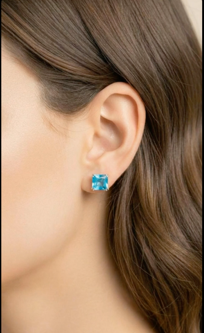 Aquamarine Quartz Silver Stud Earrings