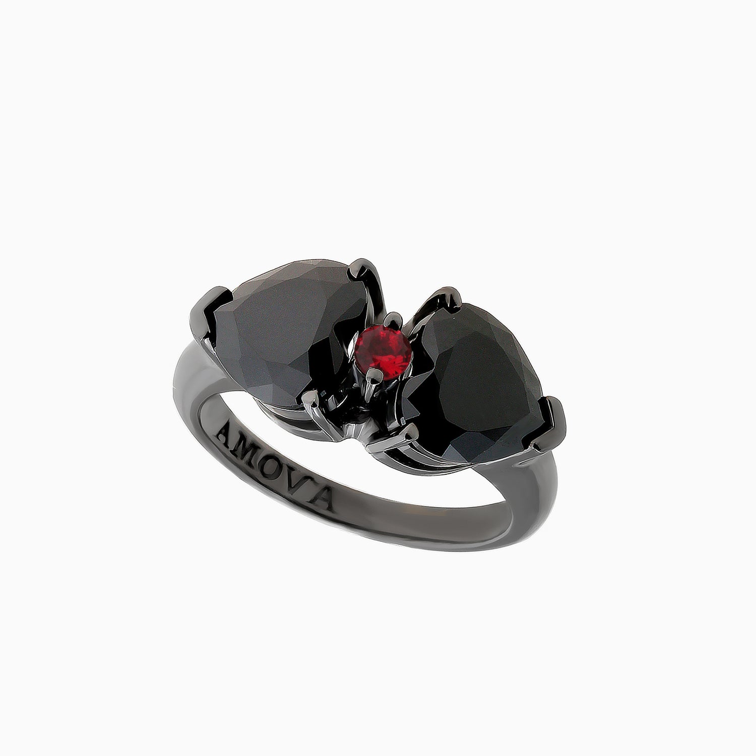 Vintage-Style Silver Ring with Two Heart-Cut Black Cubic Zirconia