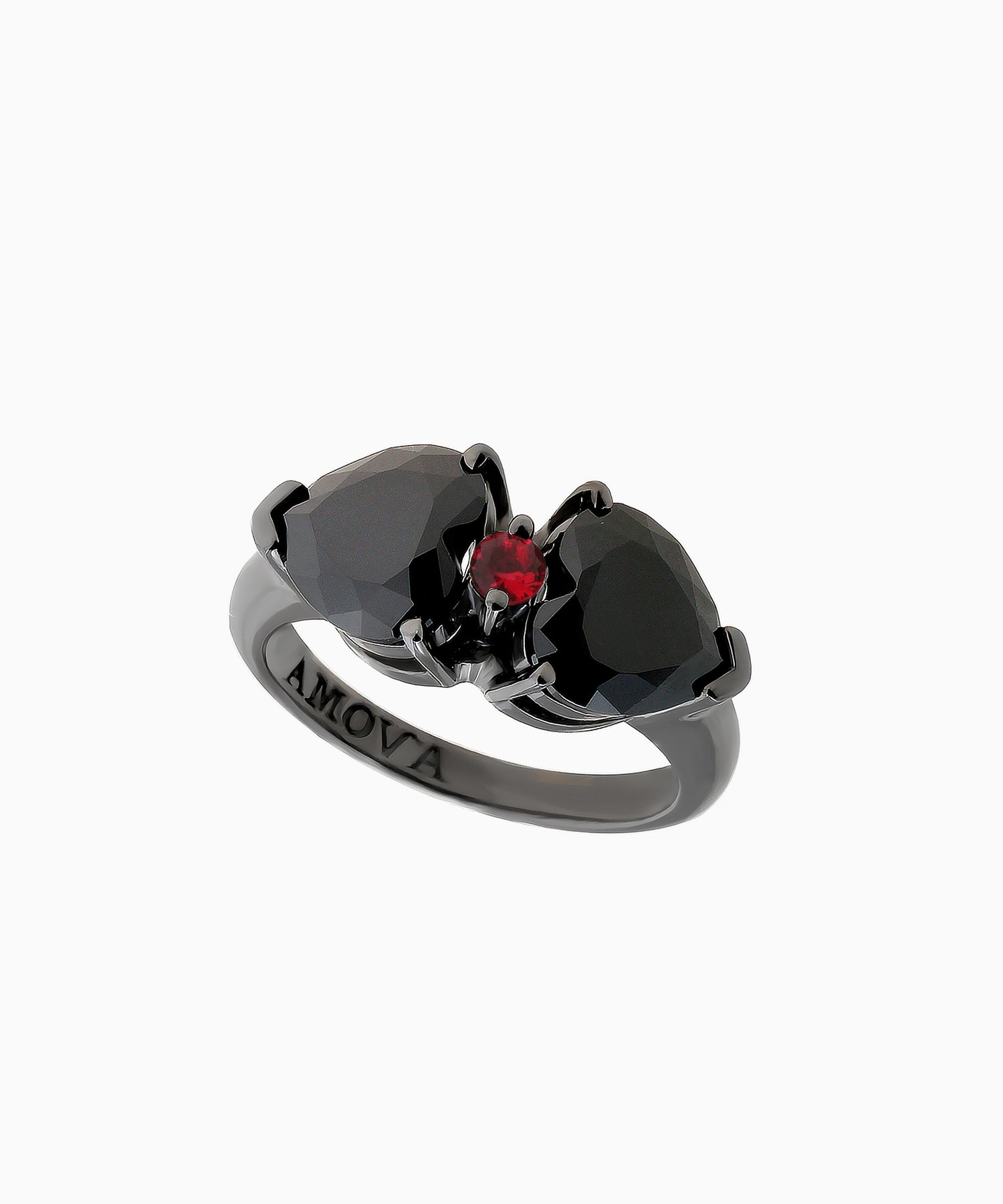 Vintage-Style Silver Ring with Two Heart-Cut Black Cubic Zirconia