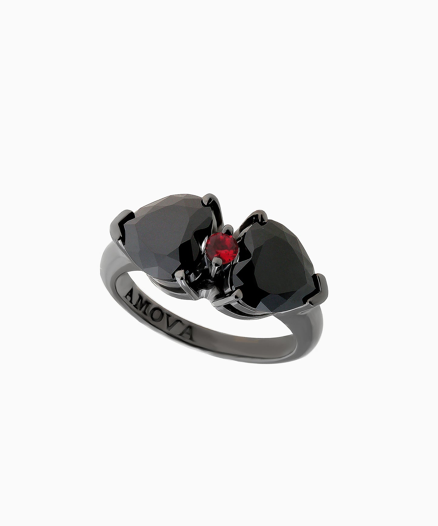 Vintage-Style Silver Ring with Two Heart-Cut Black Cubic Zirconia