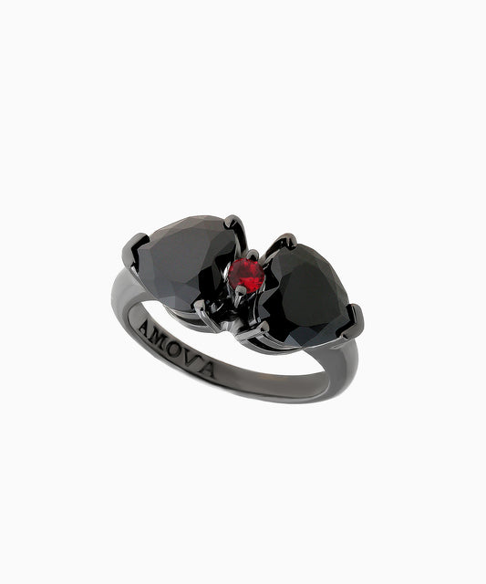 Vintage-Style Silver Ring with Two Heart-Cut Black Cubic Zirconia