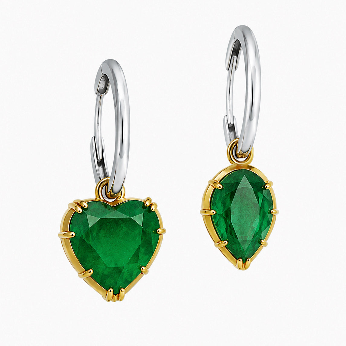 Asymmetrical White Rhodium Hoop Earrings with Emerald Quartz