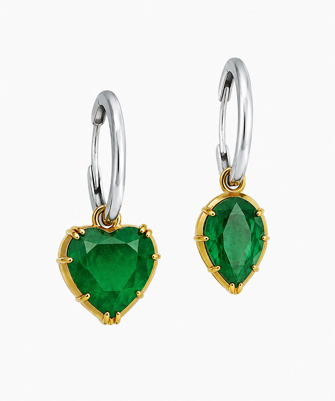 Asymmetrical White Rhodium Hoop Earrings with Emerald Quartz
