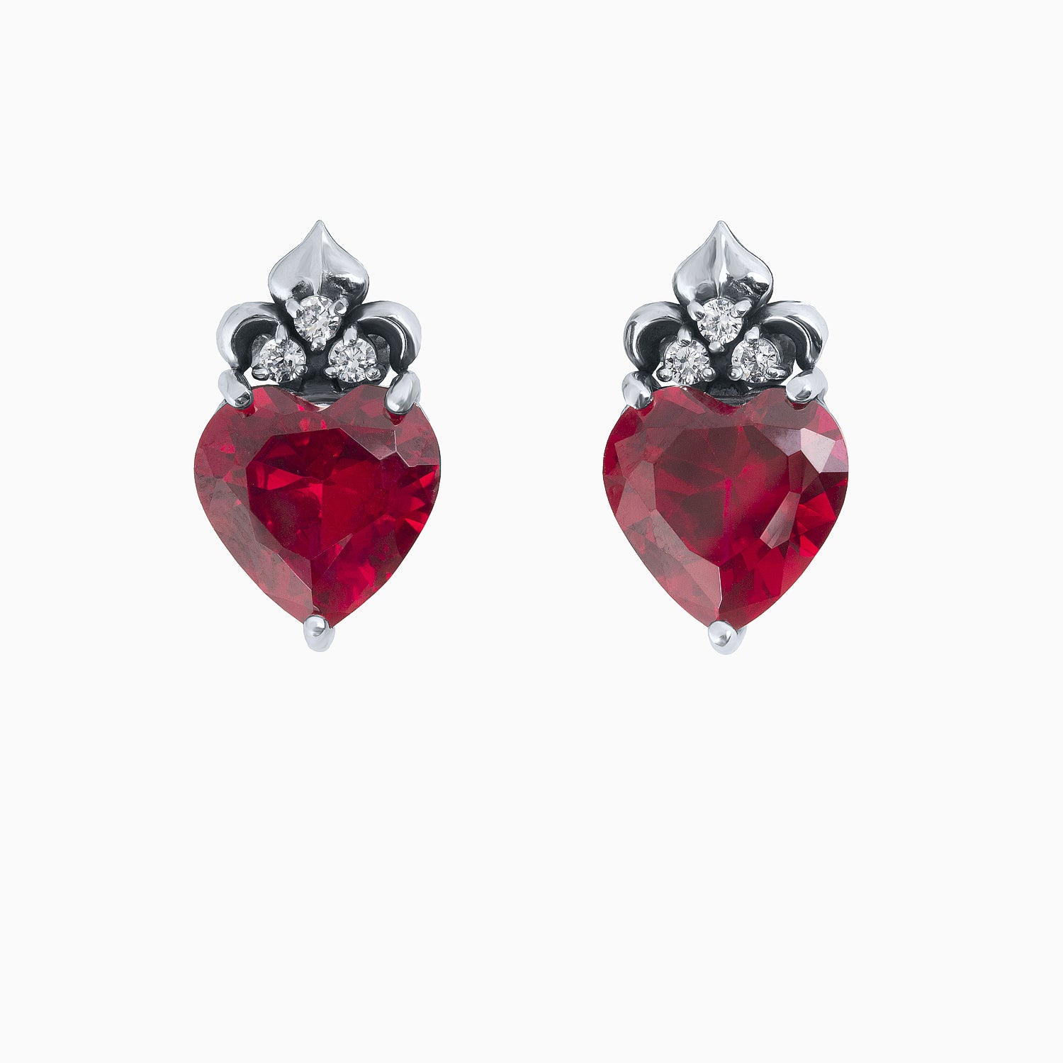 Vintage-Style Silver Stud Earrings with Lab-Created Rubies - Corundum