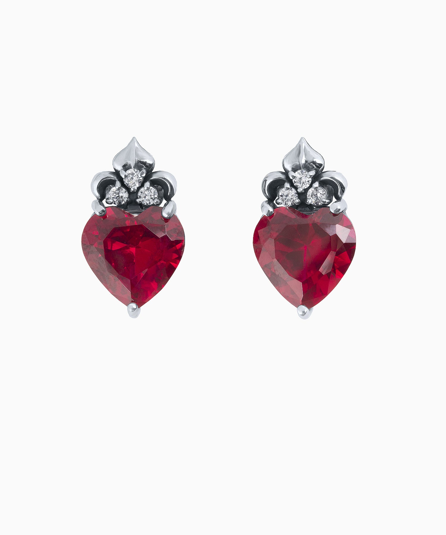 Vintage-Style Silver Stud Earrings with Lab-Created Rubies - Corundum