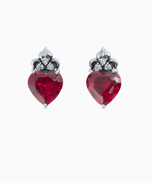 Vintage-Style Silver Stud Earrings with Lab-Created Rubies - Corundum