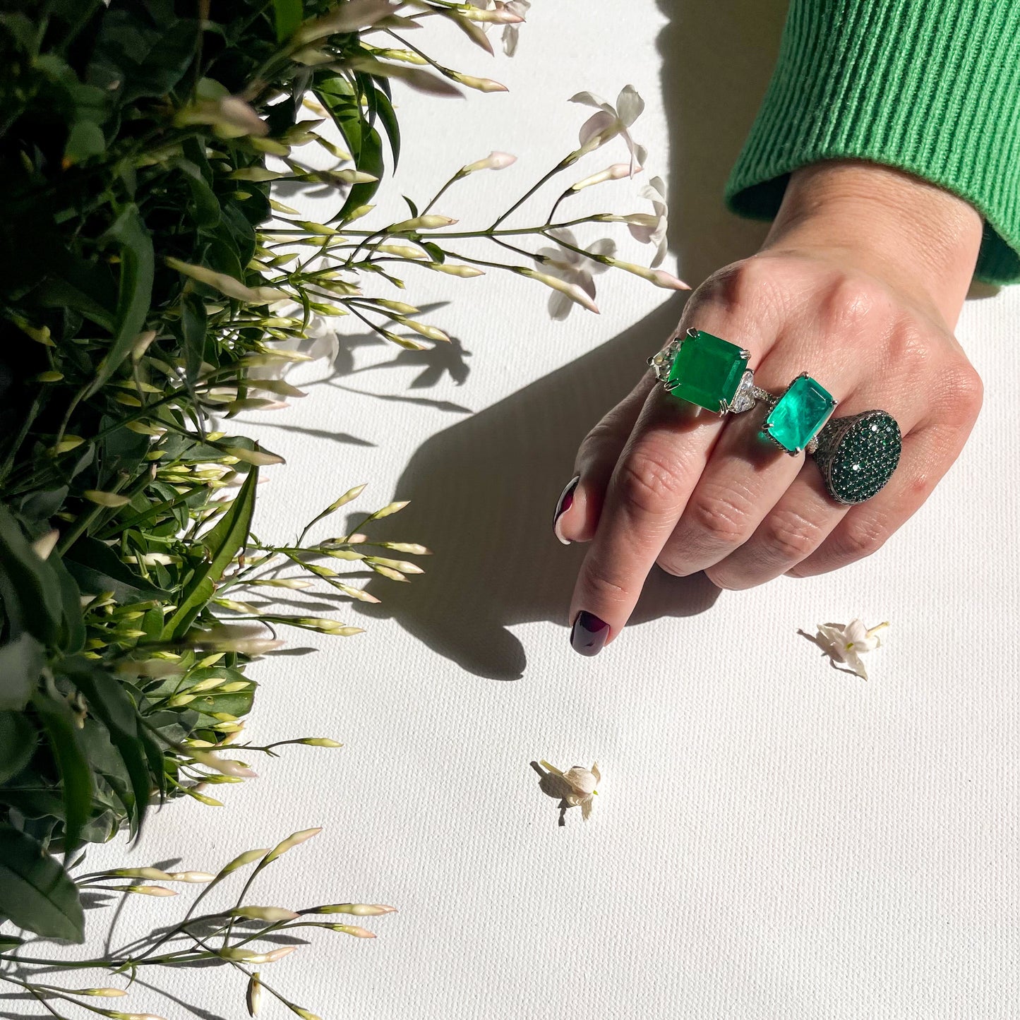 Dark Green Emerald Quartz Silver Ring with Cubic Zirconia Accents