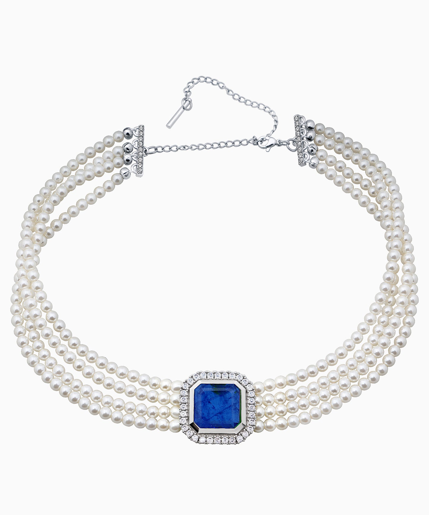 Silver Choker Necklace with Sapphire Quartz and Cubic Zirconia