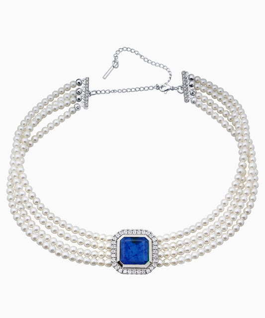 Silver Choker Necklace with Sapphire Quartz and Cubic Zirconia