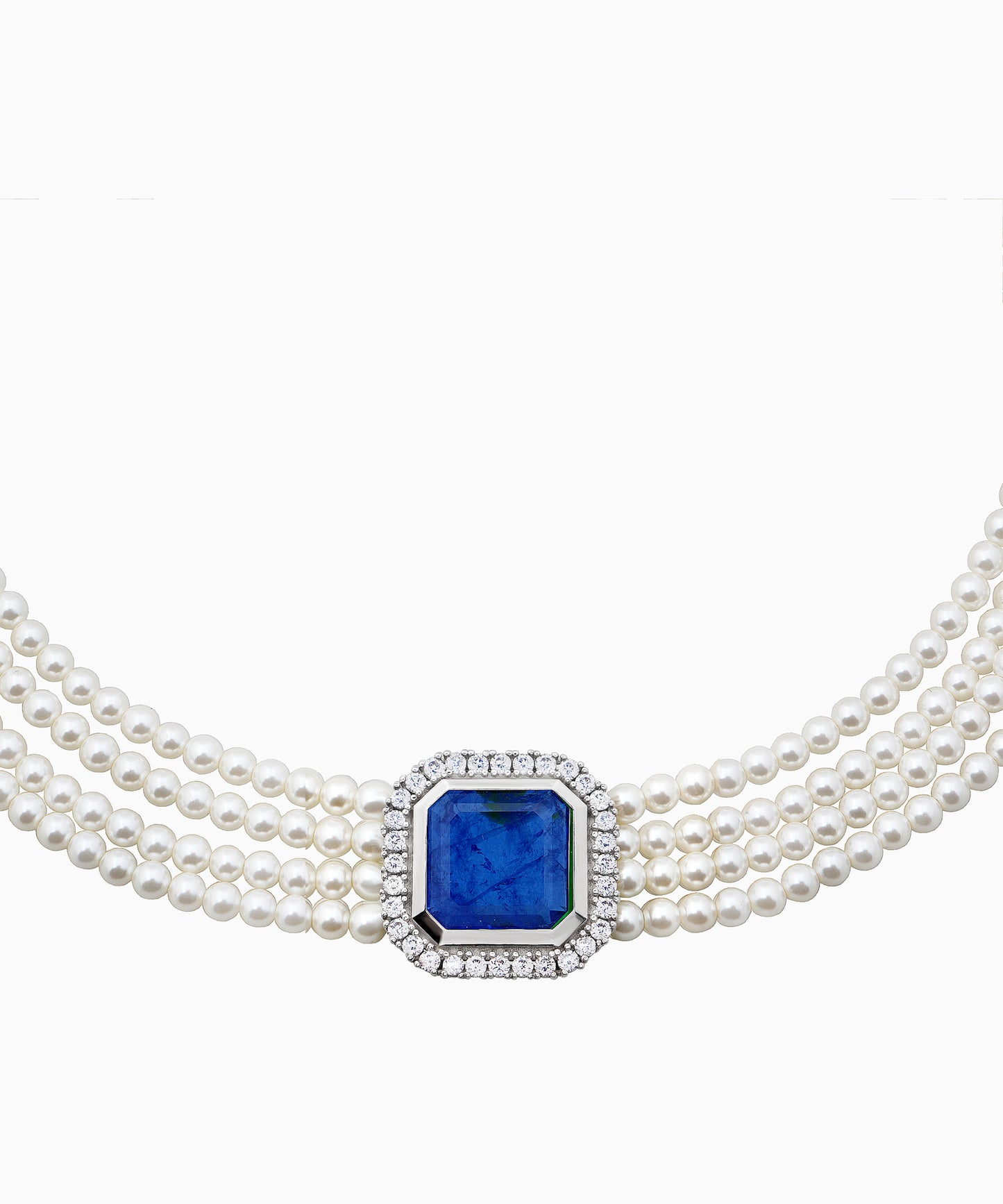 Silver Choker Necklace with Sapphire Quartz and Cubic Zirconia