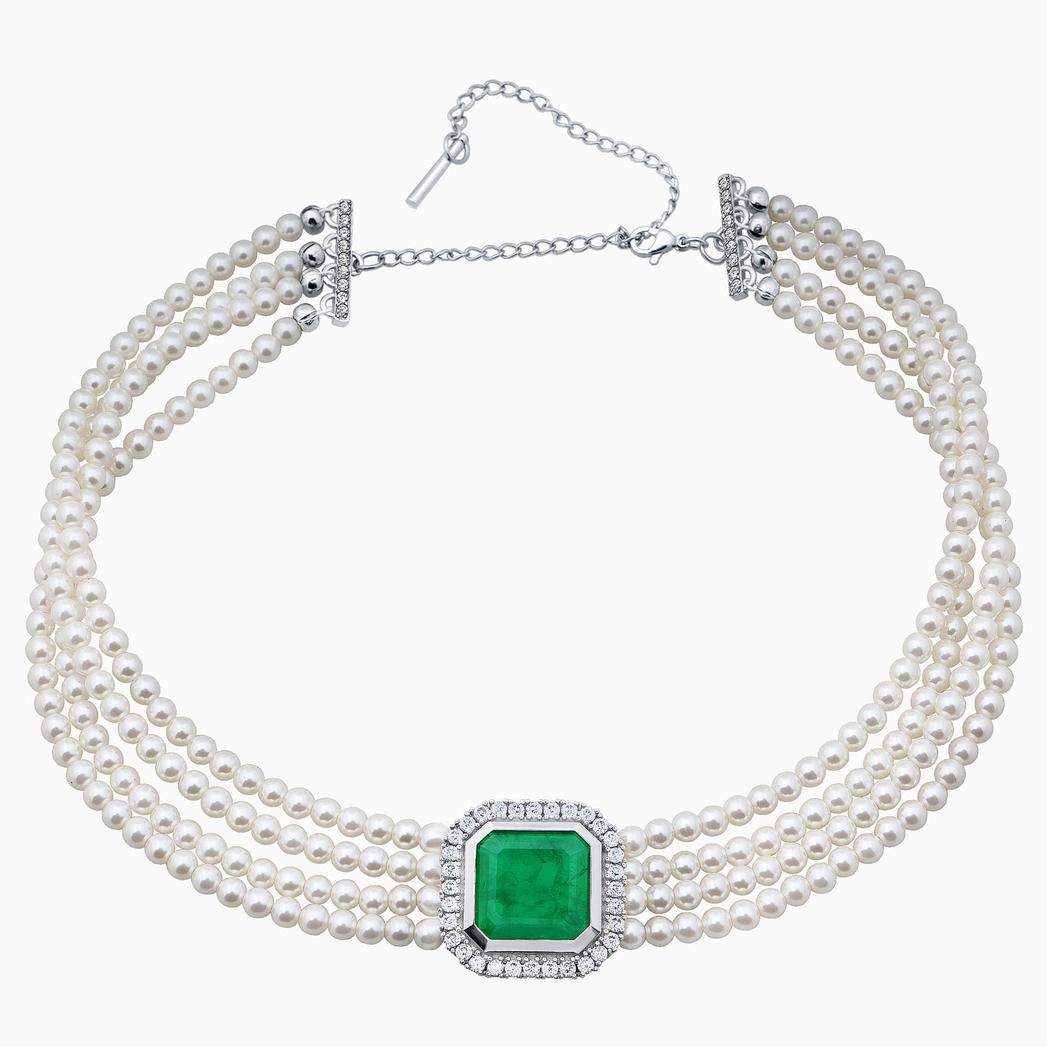Silver Choker Necklace with Emerald Quartz and Cubic Zirconia