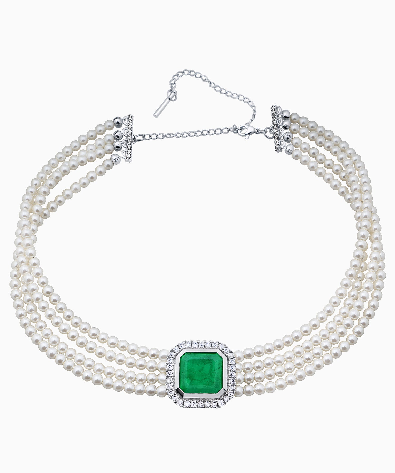Silver Choker Necklace with Emerald Quartz and Cubic Zirconia