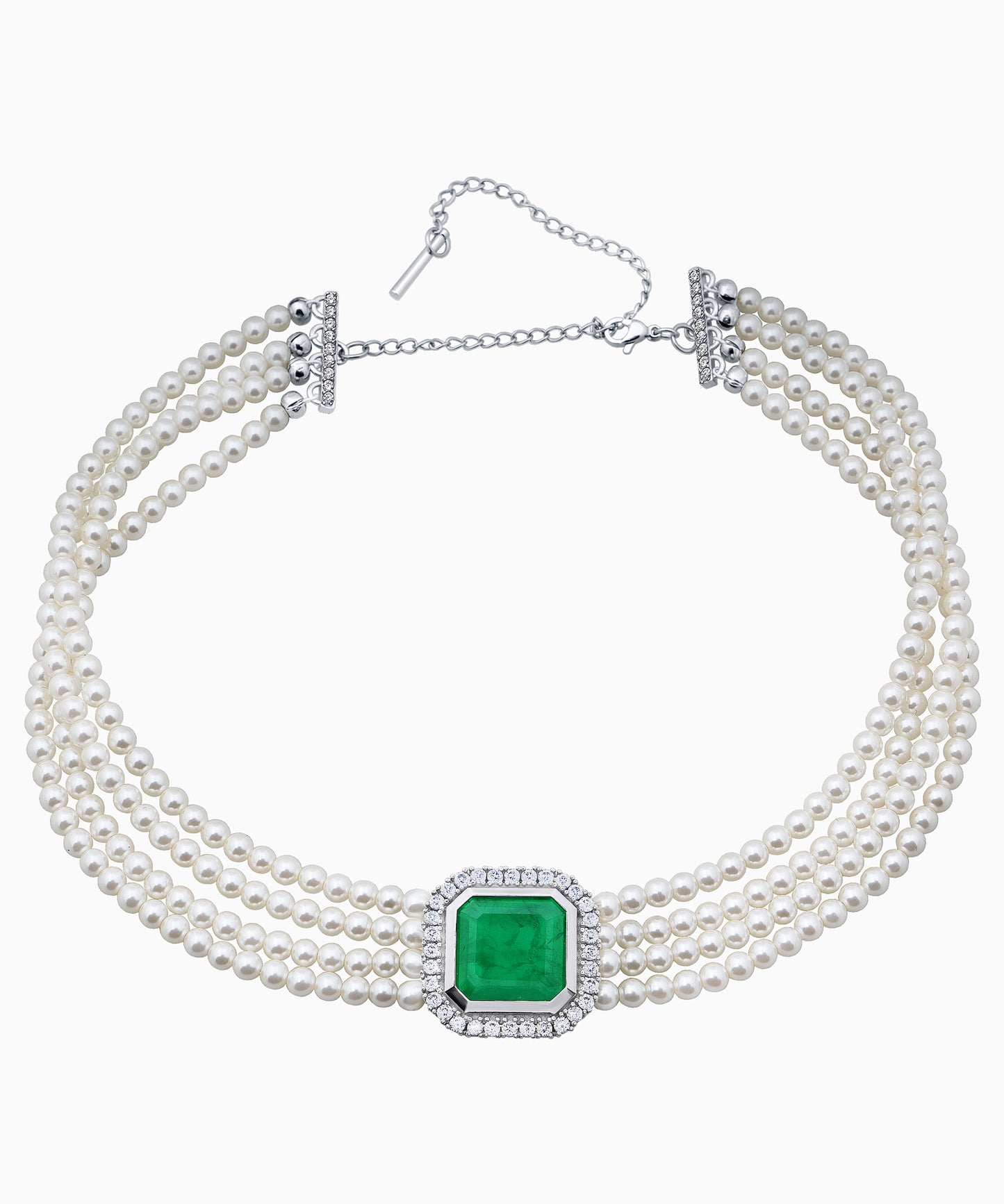 Silver Choker Necklace with Emerald Quartz and Cubic Zirconia