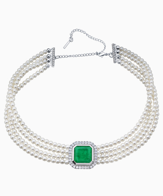 Silver Choker Necklace with Emerald Quartz and Cubic Zirconia